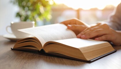 Close-up of hands turning the pages of a book by window light