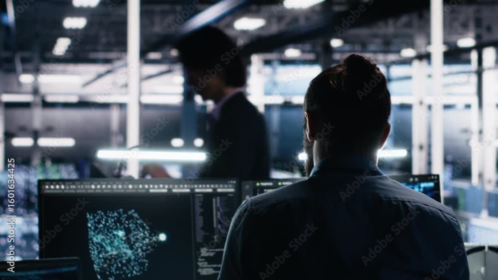 Poster server room technician stretching sore back while using ai at desk. fatigued it expert in data cente