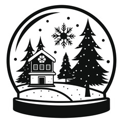Pure black vector illustration showing a cozy winter cabin next to a decorated pine tree, both enclosed within a snow globe outline, with small snowflake details. Isolated on a white background