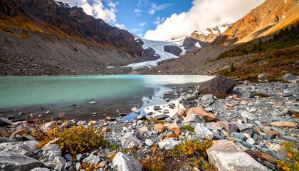 Fototapeta premium Scenic Mountain Lake View with Glacier and Rocky Shoreline