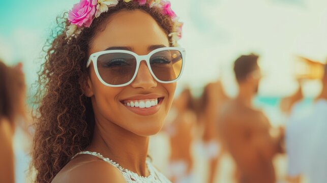 Smiling woman wearing sunglasses and floral crown at a beach party