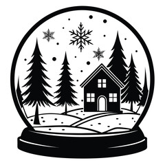 Pure black vector illustration showing a cozy winter cabin next to a decorated pine tree, both enclosed within a snow globe outline, with small snowflake details. Isolated on a white background