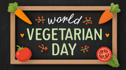 World vegetarian day sign with fresh vegetables on chalkboard frame