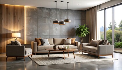 Modern Living Room Interior with Neutral Sofa and Natural Light