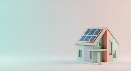 A small, stylized house with solar panels on its roof, rendered in pastel colors against a gradient background.