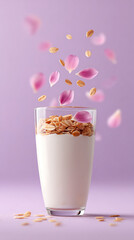 Poetic style yogurt glass with falling petals and oats on pastel background