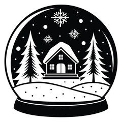 Pure black vector illustration showing a cozy winter cabin next to a decorated pine tree, both enclosed within a snow globe outline, with small snowflake details. Isolated on a white background