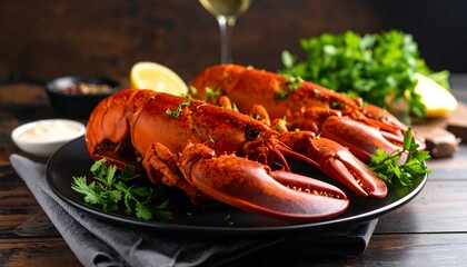 Two cooked lobsters on a dark plate with herbs and lemon slices