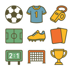9 flat icon of football equipment and soccer elements in vector style for sport and hobby use