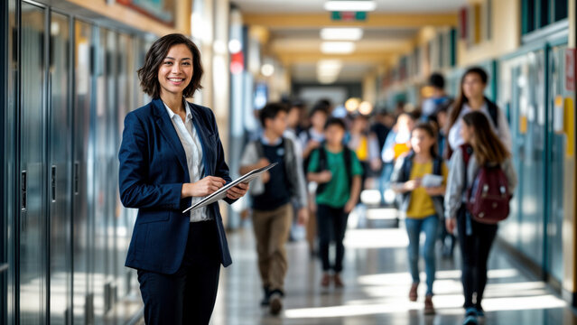 Smiling school principal or teacher standing in hallway. Elementary school. First day of school. Young students in the background going to classes. Female eductor.