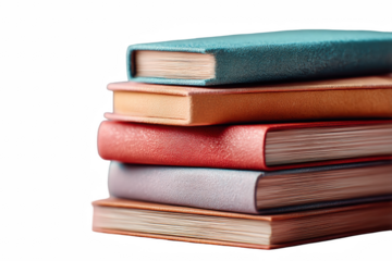 Stacked vibrant hardcover books in assorted pastel colors, perfect for creative projects and designs on transparent background