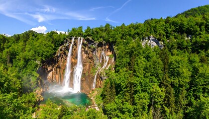 Majestic waterfalls cascading into a vibrant emerald pool, surrounded by lush green forests under a clear blue sky
