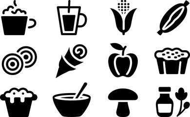 Vector food icons:  minimalist black glyph style,  clean design.