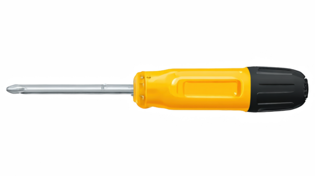 Close-up of yellow and black Phillips head screwdriver with a silver shaft laying horizontally on transparent background