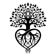 Elegant black tree silhouette rooted in a heart shape. Symbolizes love, growth, family, connection & nature. Ideal for logos or meaningful designs