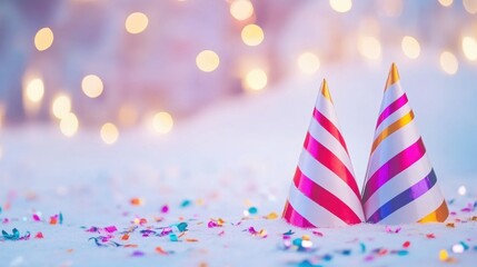 Obraz premium Colorful party hats and confetti decorate a festive celebration setting