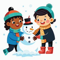 Pure black vector illustration showing one child placing a hat on the snowman's head while another shapes the snow with joy, isolated on a white background