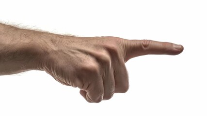 A man's hand is pointing his index finger to the right.