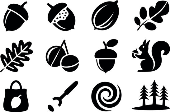 Autumn Acorn Vector Icons:  Squirrel, Oak Leaves, Nuts Set