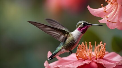 Fototapeta premium Hummingbird Hovering Near Pink Flower, Detailed View of Wings and Feathers