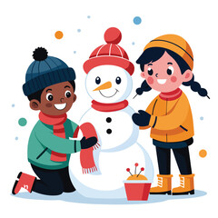  Pure black vector illustration showing one child placing a hat on the snowman's head while another shapes the snow with joy, isolated on a white background