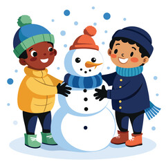  Pure black vector illustration showing one child placing a hat on the snowman's head while another shapes the snow with joy, isolated on a white background
