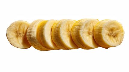 Close-up of vibrant banana slices arranged in a row showcasing healthy snacking choices, presented on transparent background