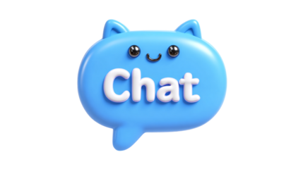 Blue message bubble with "Chat" text in bold, cute 3D cartoon icon style isolated on transparent background 