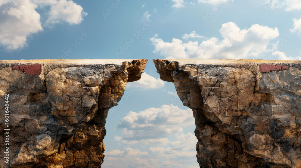 Poster conceptual image of broken bridge made of rocky terrain, symbolizing separation and challenges. sky 