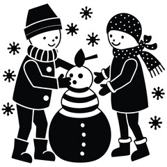  Pure black vector illustration showing one child placing a hat on the snowman's head while another shapes the snow with joy, isolated on a white background