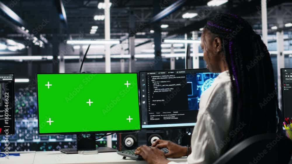 Poster data center manager overseeing team of technicians managing ai systems using green screen pc. superv