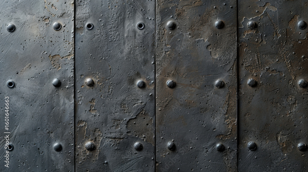 Poster rough textured concrete wall with metallic studs, showcasing blend of industrial design and rustic c
