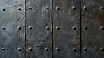 Rough textured concrete wall with metallic studs, showcasing blend of industrial design and rustic charm. surface features unique pattern that adds depth and character