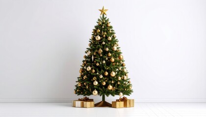 Beautifully decorated Christmas tree with gold and white ornaments, surrounded by wrapped gifts in a minimalist setting.