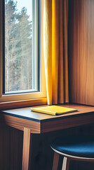 Yellow notebook on wooden desk by window with forest view; cozy workspace, ideal for study or writing