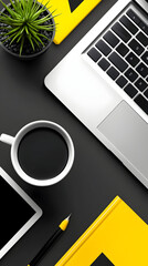 Desk workspace, laptop, coffee, tablet, plant, yellow notebook.  Modern office background for productivity concept