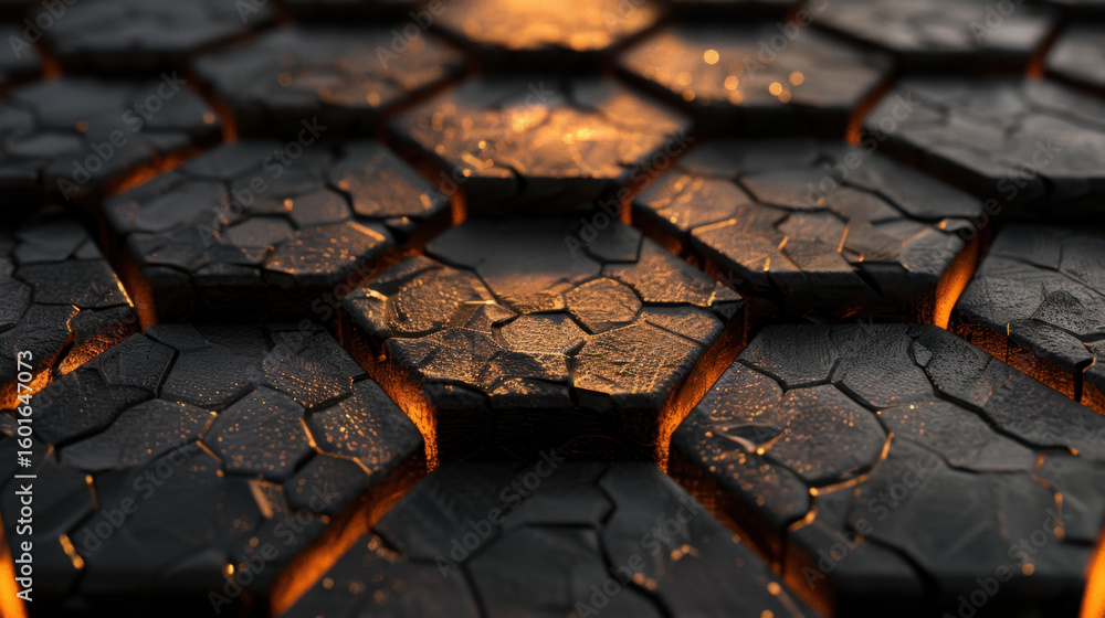 Poster textured hexagonal pattern with glowing centers, showcasing unique design that evokes sense of depth