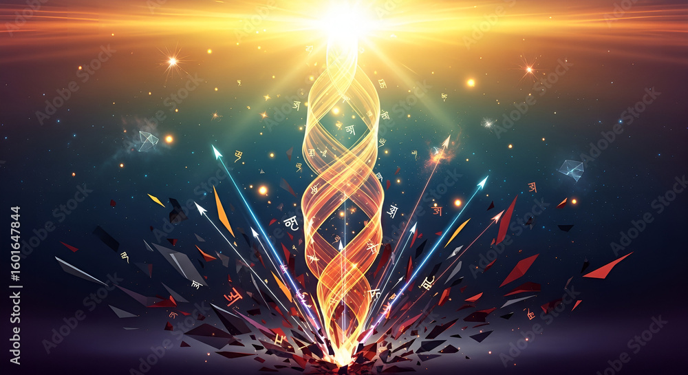 Poster digital abstract twisted light beam with arrows and geometric fragments