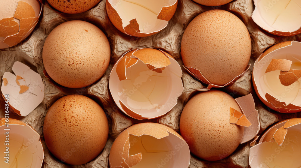 Poster cracked eggshells with sharp and fragile texture create visually striking pattern, showcasing delica