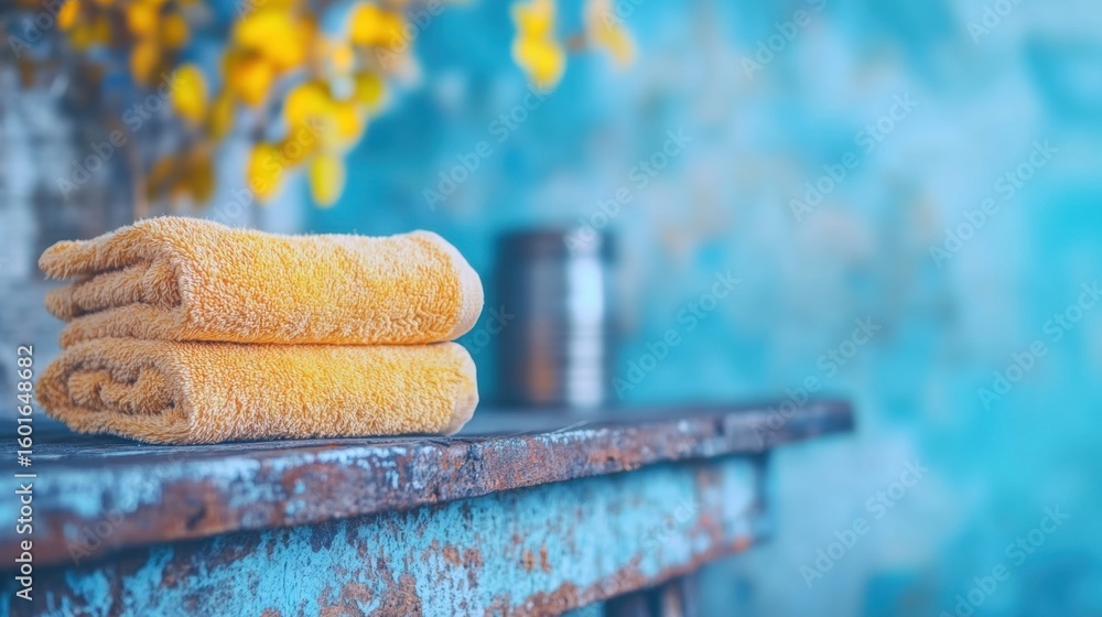 Poster soft yellow towels stacked on a rustic blue table with a serene background