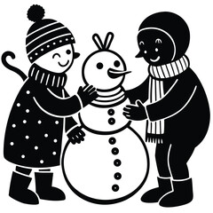  Pure black vector illustration showing one child placing a hat on the snowman's head while another shapes the snow with joy, isolated on a white background
