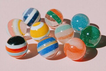 Colorful glass marbles clustered on pink
