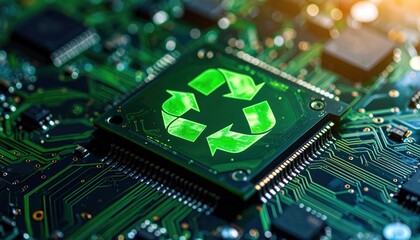 Fototapeta premium Close-up of a circuit board with a glowing recycling symbol, representing eco-friendly technology and sustainable electronics.