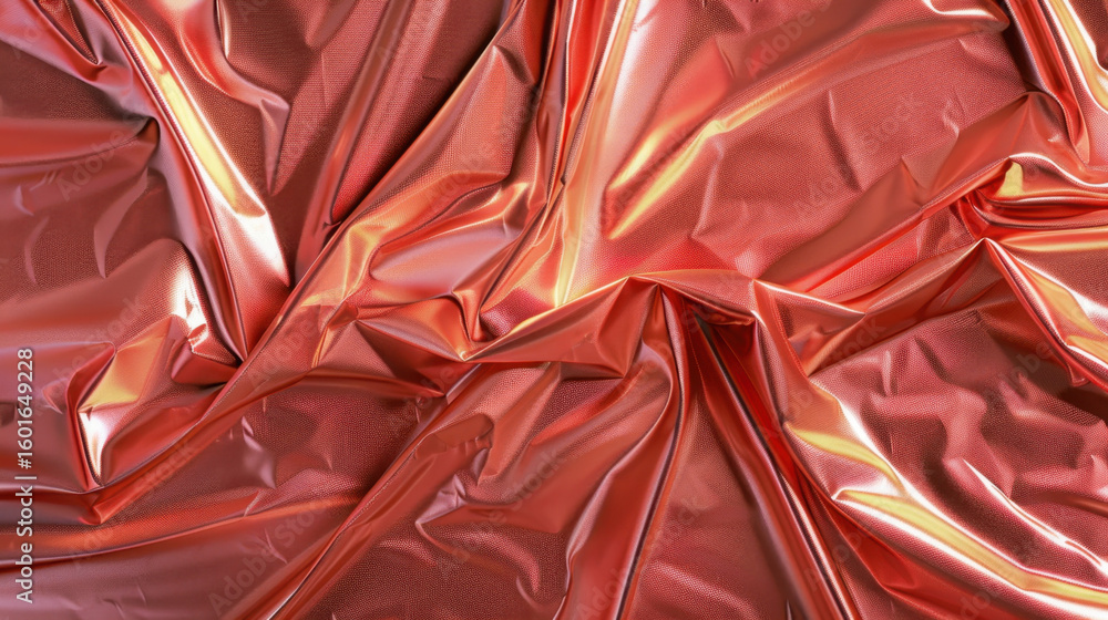 Poster shiny crinkled plastic sheet in vibrant red color, creating dynamic texture and reflecting light bea