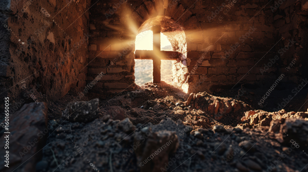 Poster cross illuminated by sunlight shines through cave opening, casting warm rays into dark space. scene 