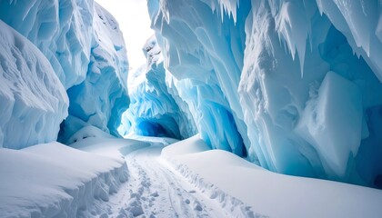 Snowy Glacier Passage with Ice Formations and Footprints