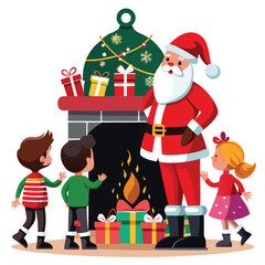 Pure black vector illustration showing Santa delivering gifts as kids watch with excitement beside a cozy chimney setting, isolated on a white background