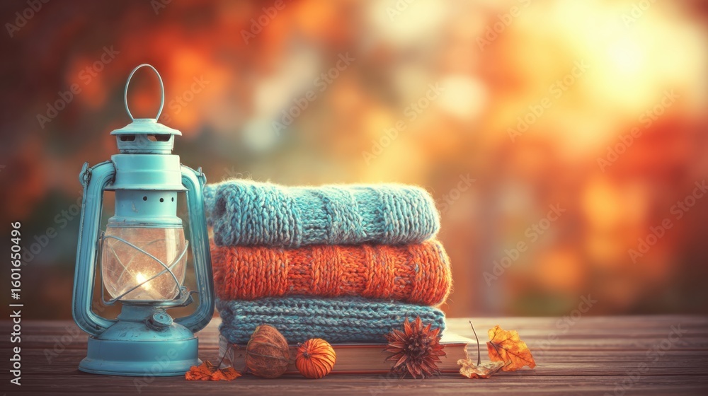 Poster cozy autumn setting with warm blankets and lantern on rustic table