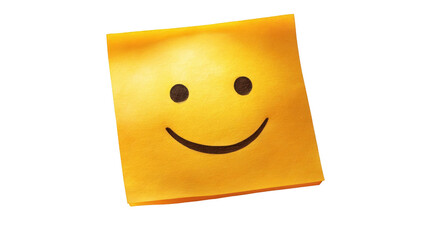 Cheerful yellow sticky note featuring a smiling face, radiating positivity and happiness, isolated on transparent background