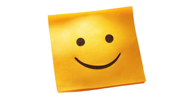 Cheerful yellow sticky note featuring a smiling face, radiating positivity and happiness, isolated on transparent background